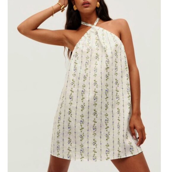 New Reformation Maui 100% Linen Floral Halter Dress White M $198 - Picture 1 of 7
